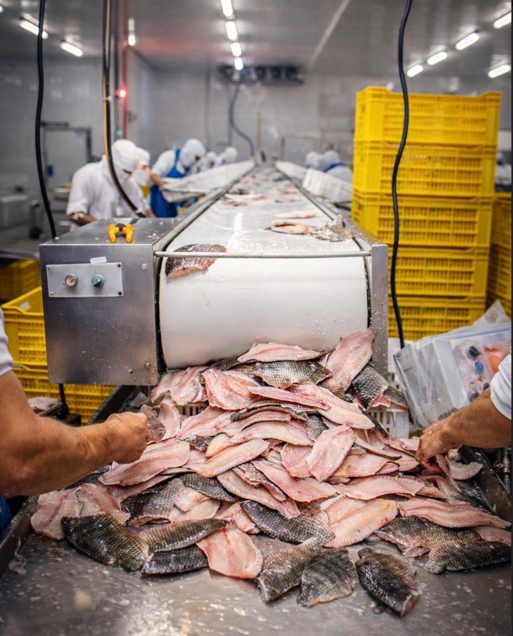 Linha de produção da NatuPeixe com colaboradores processando filés de tilápia frescos